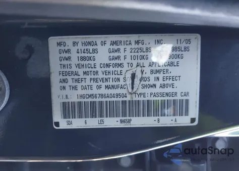 2006 Honda Accord 2.4 Ex z USA, uszkodzony, nr VIN 1HGCM56786A049504
